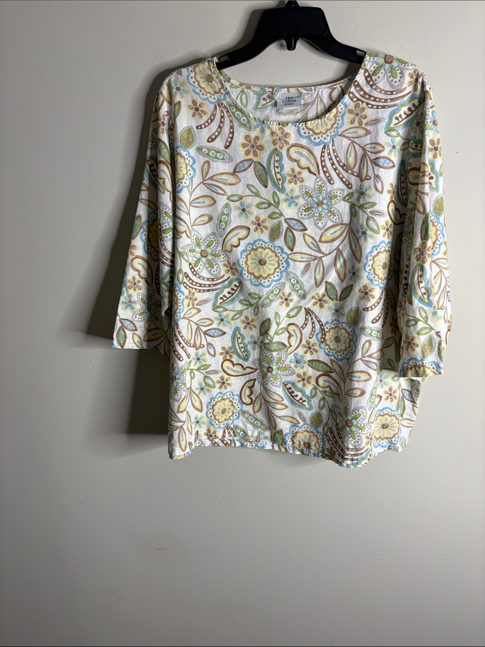 Hot Cotton Cream Floral Scoop Neck Tunic - Green, Blue, Tan